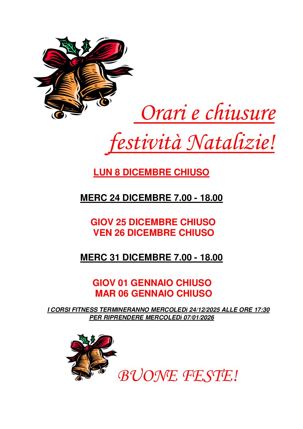 Orari e chiusure festività natalizie 2025-26